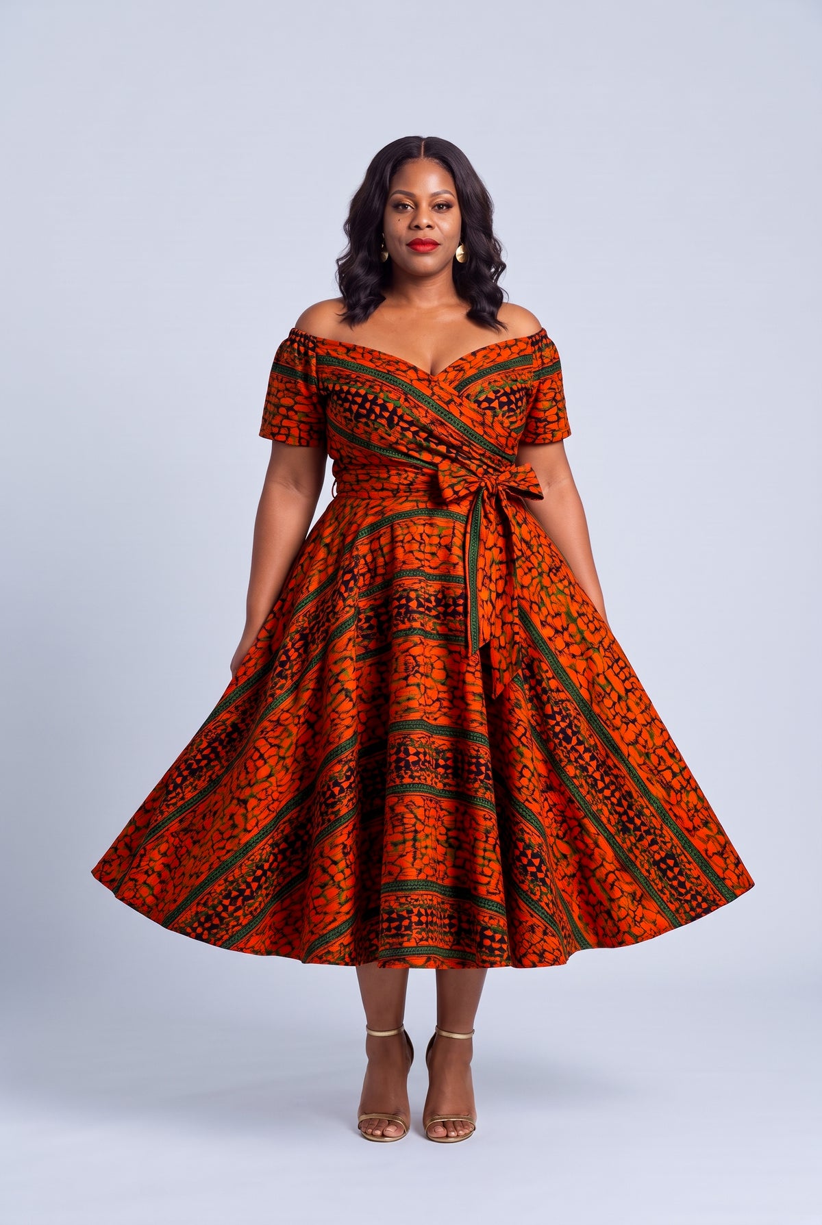 Full length view of Amber Horizon African print dress with a full flared skirt