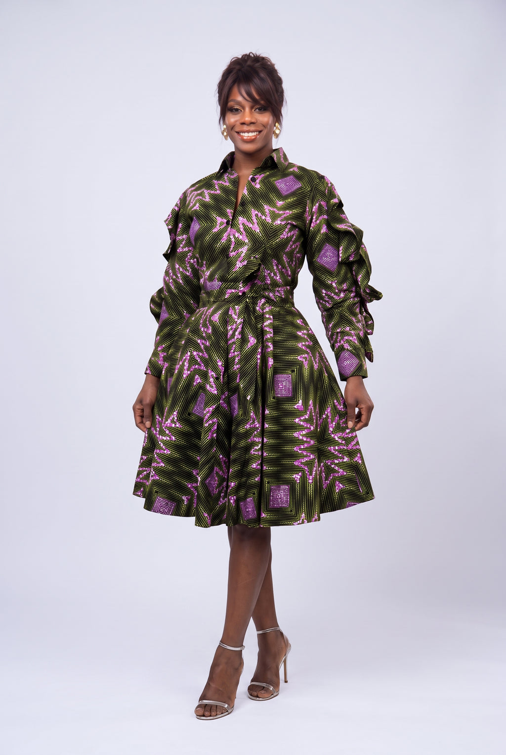 Front view of Olive Ray green African print shirt dress