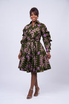 Front view of Olive Ray green African print shirt dress