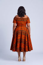 Back view of Amber Horizon orange African print off shoulder dress