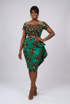 Front view of Teal Flora teal African print peplum dress