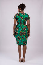 Back view of teal African print pencil dress with peplum detail