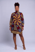 Model wearing Burgundy Helix burgundy and gold Ankara long sleeve shirt dress