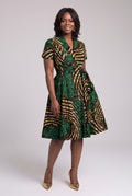 Front view of Emerald Frond green African print wrap dress