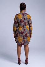  Back view of Ochre Grove African print long sleeve shirt dress with brown burgundy grey and ochre patter