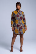 Front view of Ochre Grove brown Ankara shirt dress with long sleeves and stand collar