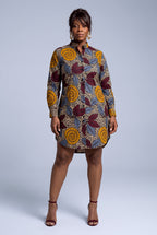 Front view of Ochre Grove brown Ankara shirt dress with long sleeves and stand collar