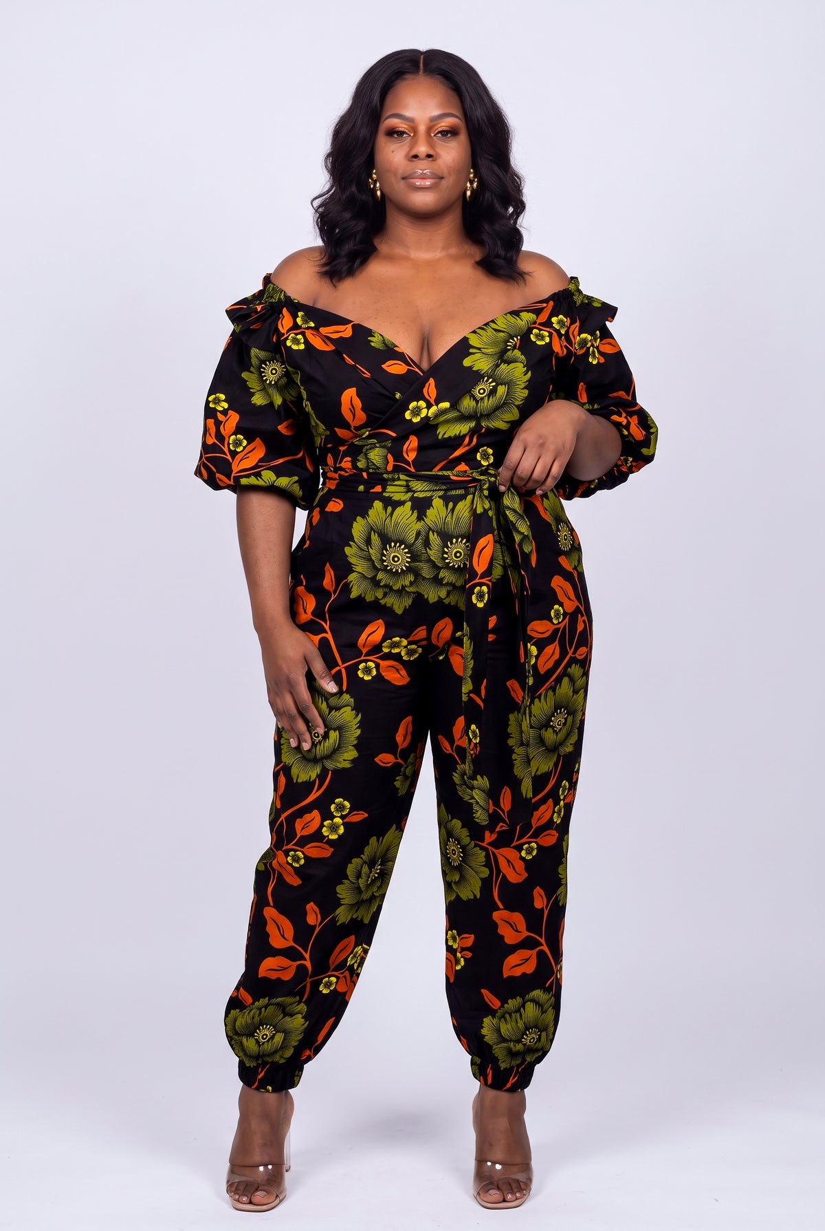Plus size model wearing Olive Oasis Ankara two piece trouser set