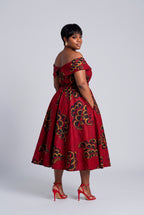 Back view angle of the a red African Print midi dress