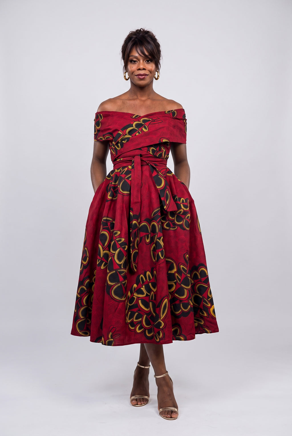 Front view of Ruby Fan red African print off shoulder dress