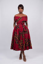 Front view of Ruby Fan red African print off shoulder dress