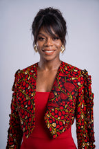 Three quarter view of Red Vine African print jacket for women