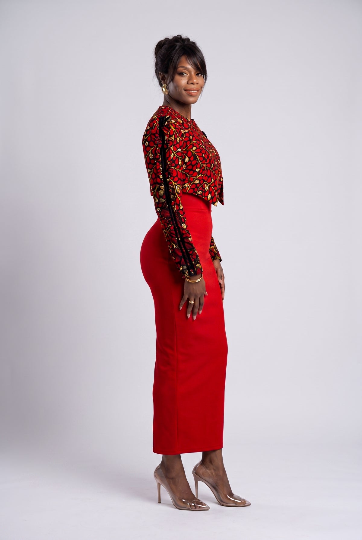 Side profile of Red Vine red Ankara cropped jacketside seam