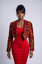 Luxury 100% cotton Ankara jacket arranged as an elegant African fashion print smart outfit choice for a wedding guest