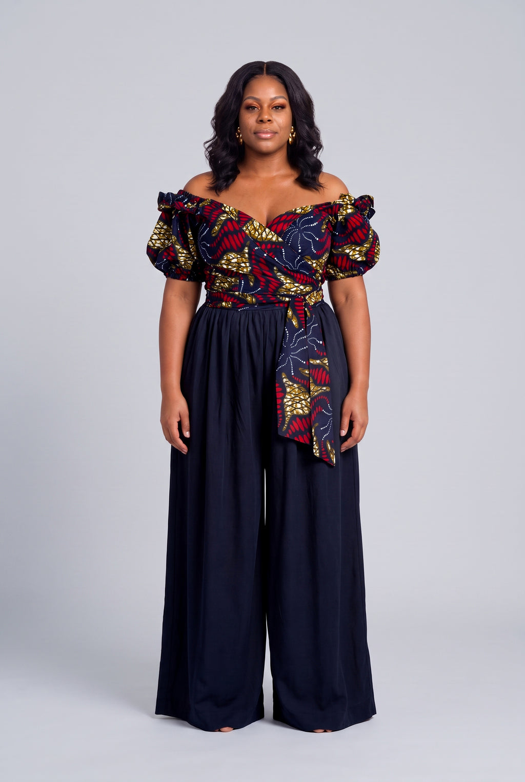 Navy blue and red  off shoulder Ankara top styled with wide leg trousers