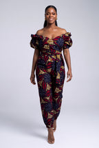 Full length view of navy African print top and trouser set