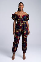 Front view of Ruby Nova navy African print two piece trouser set