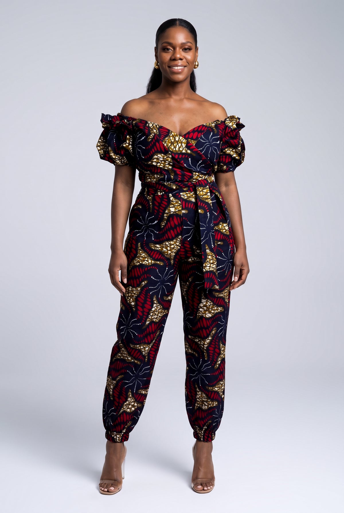 Front view of Ruby Nova navy African print two piece trouser set