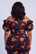 Back view of navy Ankara wrap top and matching trousers