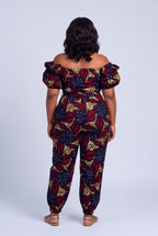 Back view of navy African print wrap top and matching trousers