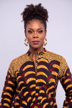 Front close up of Saffron Halo Ankara dress showing the stand collar, buttons and gold burgundy print