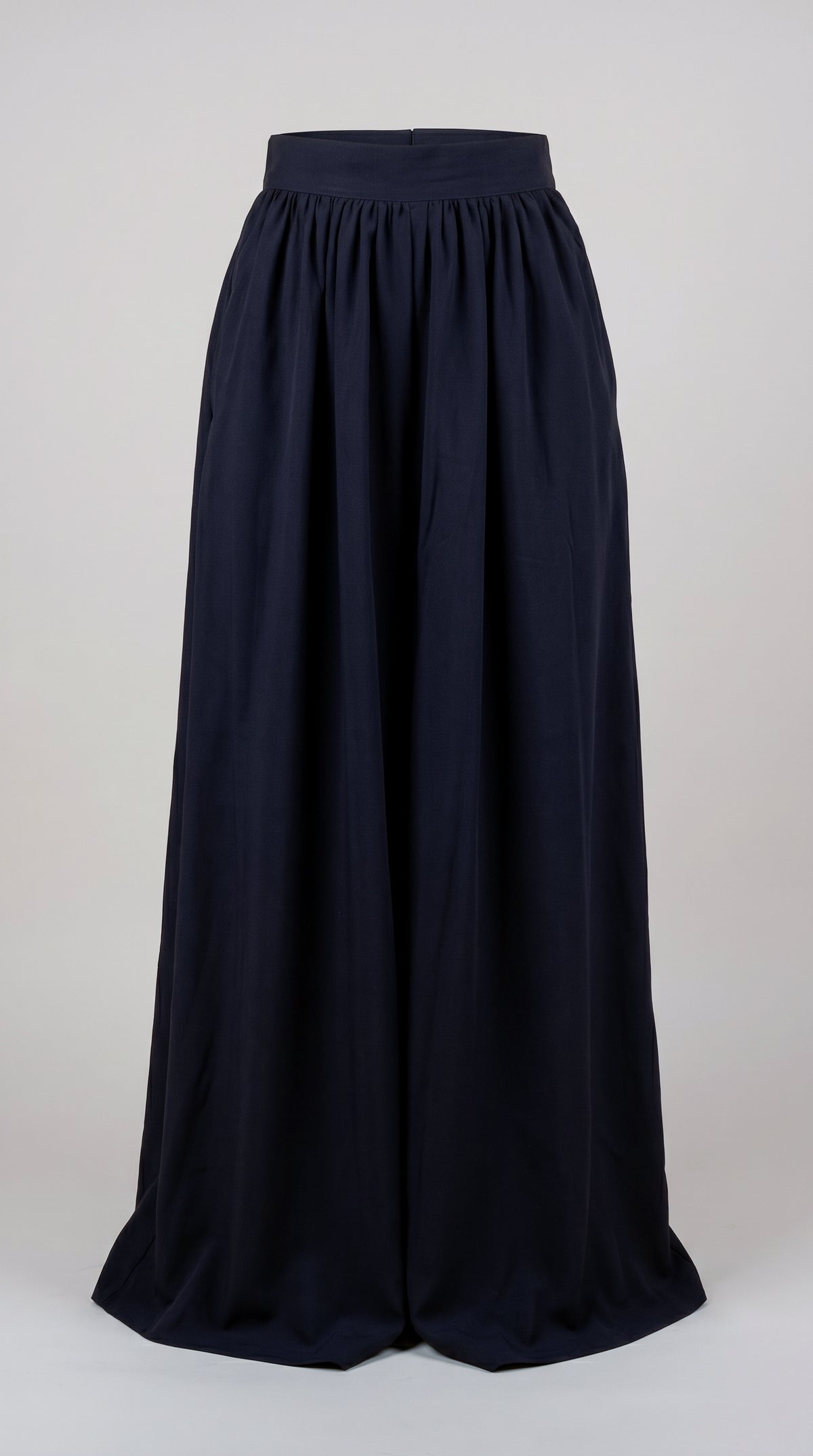  Full length view of Sapphire Navy wide leg trousers with a fluid floor length drape