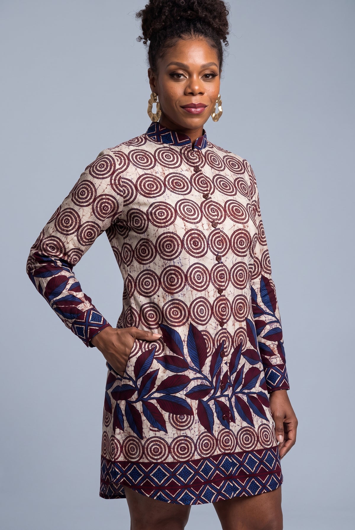 Close view of Spiral Vine Ankara shirt dress with stand collar and button front