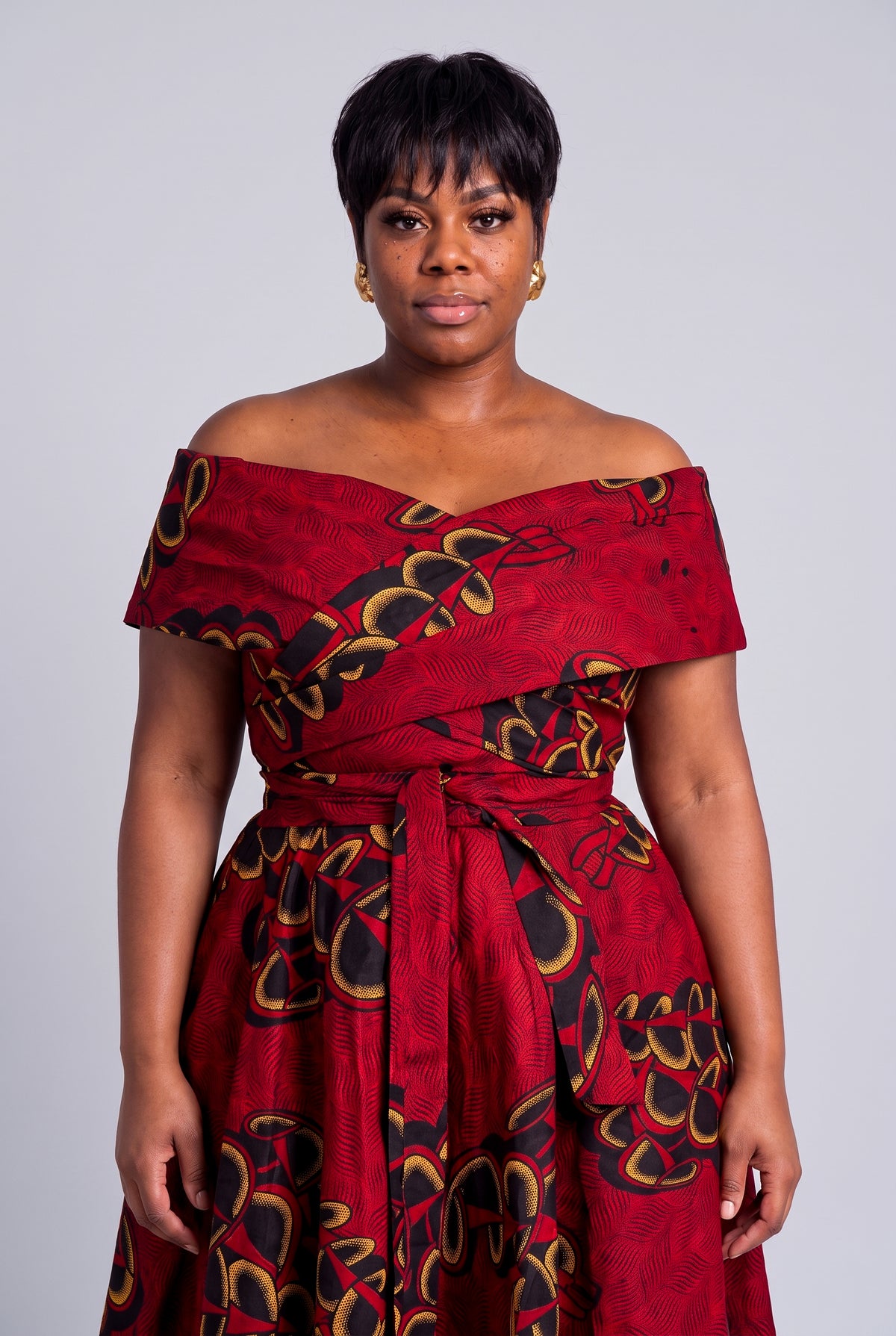 Three quarter view of Ruby Fan African print wedding guest dress