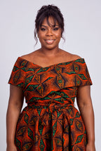 Close up of Copper Star off shoulder neckline and fitted bodice