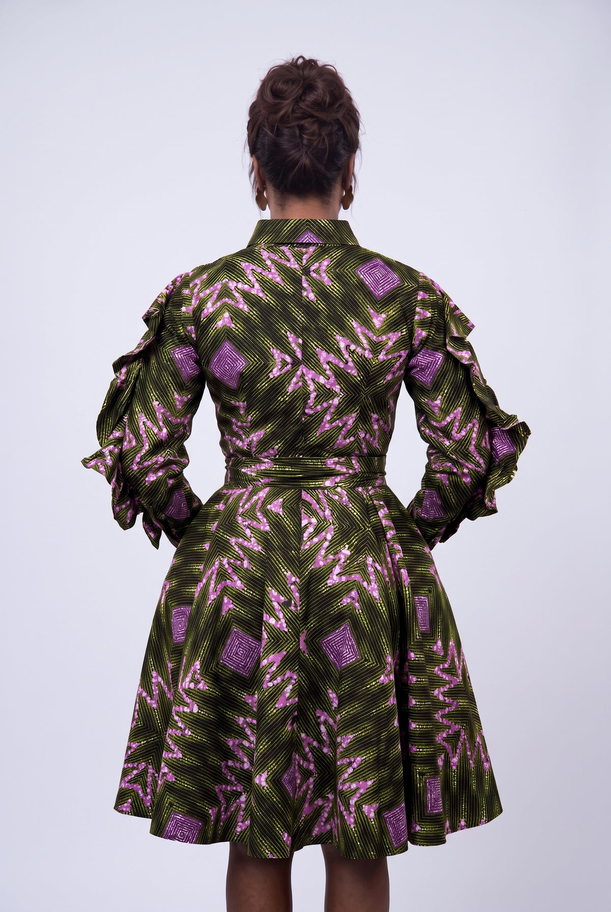 Back view angle highlighting the clean line an Ankara shirt dress