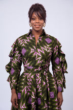 Three quarter view of Olive Ray African print shirt dress